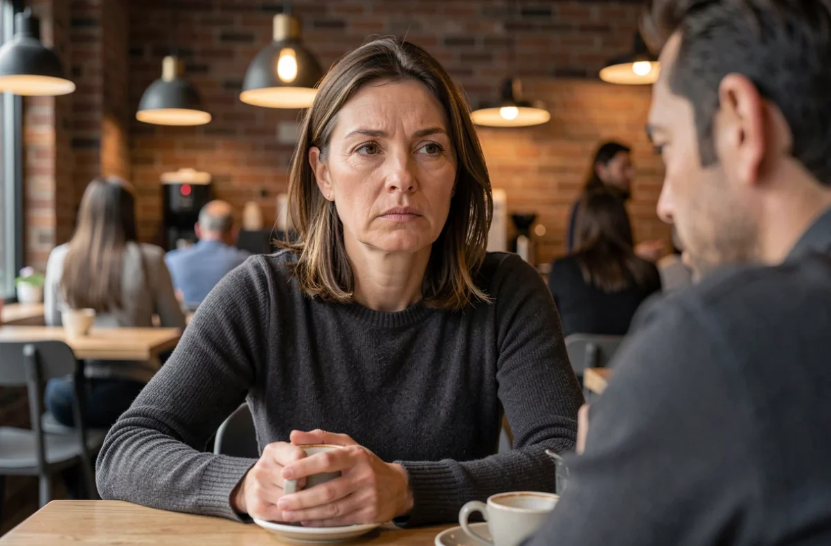 Femme au visage parfaitement neutre et compos&eacute; face &agrave; une personne agit&eacute;e dans un caf&eacute;, illustrant l'indiff&eacute;rence &eacute;motionnelle calcul&eacute;e