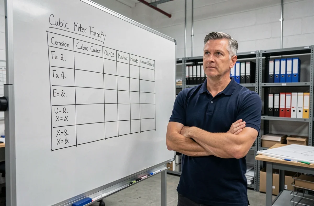 Ingénieur expliquant un tableau de conversion de mètres cubes sur un tableau blanc