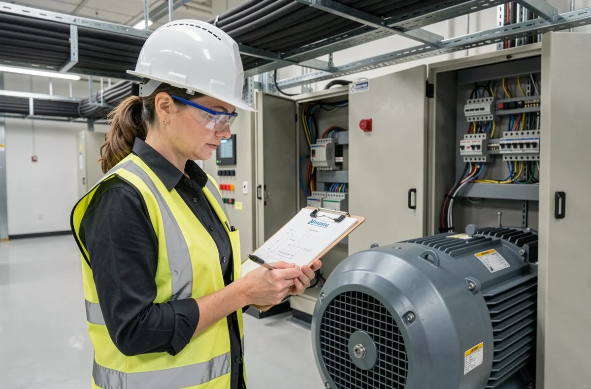 Ingénieure électricienne consultant un schéma de câblage triphasé devant un moteur industriel et son armoire de commande