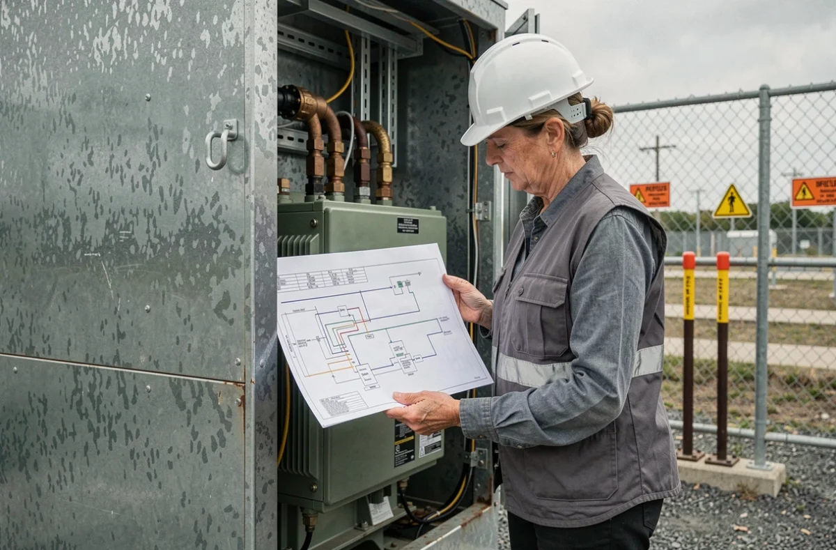 Ing&eacute;nieure en s&eacute;curit&eacute; consultant un sch&eacute;ma &eacute;lectrique devant un transformateur industriel 380V 220V en poste ext&eacute;rieur