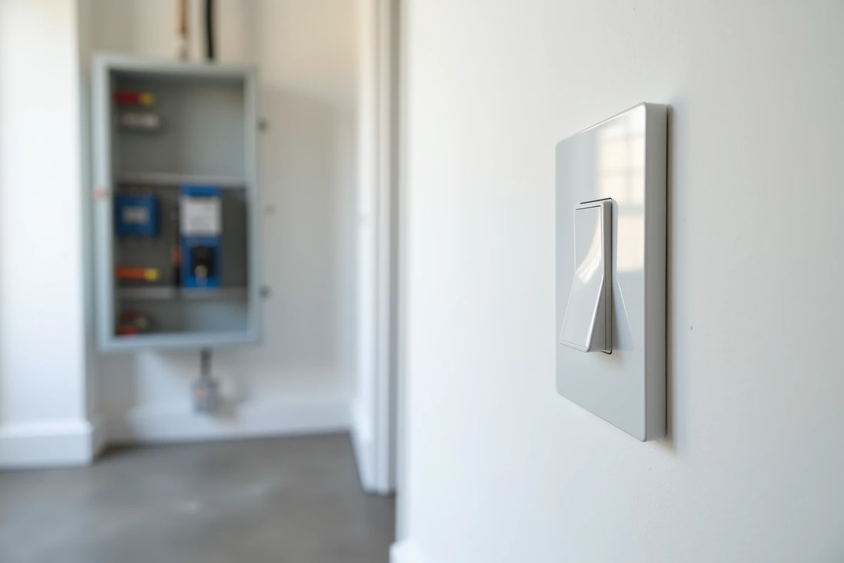 Installation termin&eacute;e d'un bouton poussoir Legrand encastr&eacute; reli&eacute; &agrave; un t&eacute;l&eacute;rupteur dans un couloir r&eacute;sidentiel