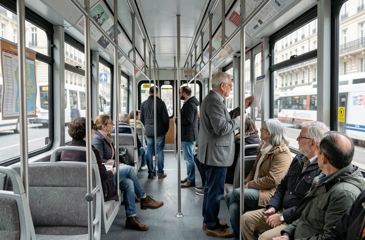 Int&eacute;rieur d'une rame du tramway T3B avec passagers et plan des horaires affich&eacute; pr&egrave;s des portes