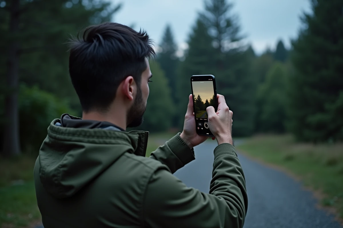 Homme utilisant le zoom de l'iPhone 16e pour photographier une for&ecirc;t au cr&eacute;puscule