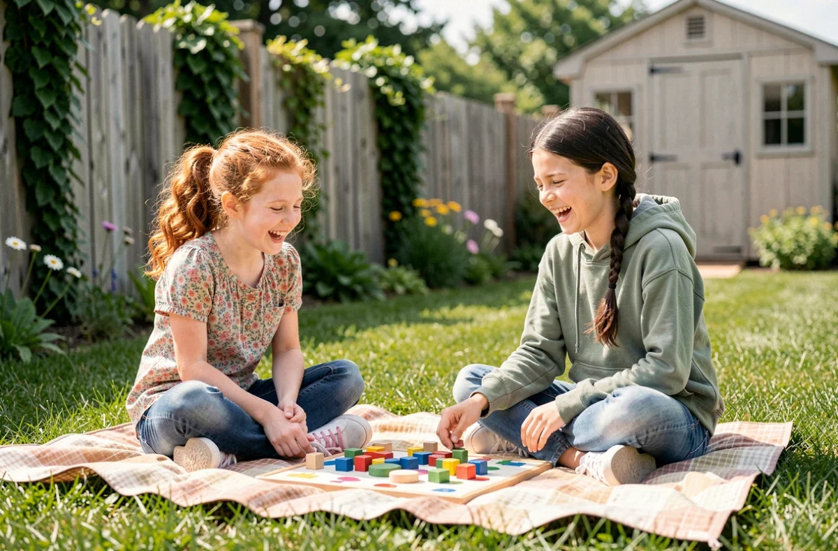 Deux jeunes filles qui rient en jouant à un jeu de société en bois dans un jardin ensoleillé sur une couverture de pique-nique