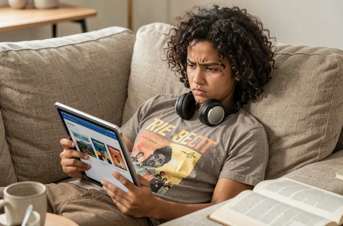 Jeune adulte analysant un site de t&eacute;l&eacute;chargement d'ebooks sur tablette num&eacute;rique avec un regard critique et attentif