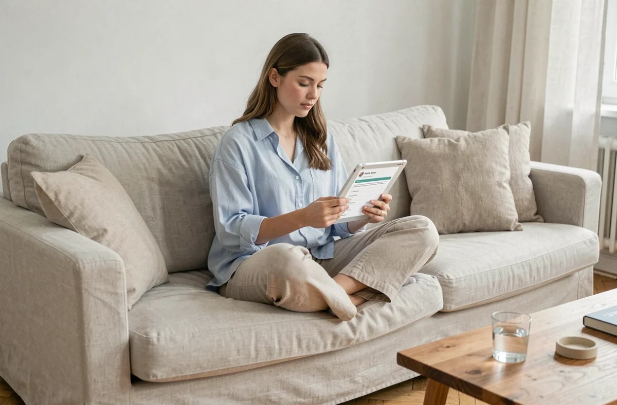 Jeune femme consultant le centre d'aide Vinted sur une tablette dans un salon scandinave