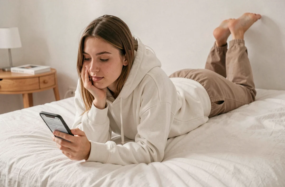 Jeune femme lisant un livre num&eacute;rique sur smartphone allong&eacute;e sur son lit dans une chambre &eacute;pur&eacute;e