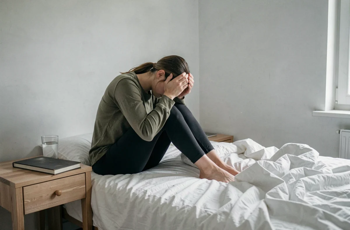 Jeune femme assise au bord d'un lit d&eacute;fait, visage enfoui dans les mains en signe d'&eacute;puisement &eacute;motionnel, image poignante illustrant la tristesse et l'impossibilit&eacute; de pardonner