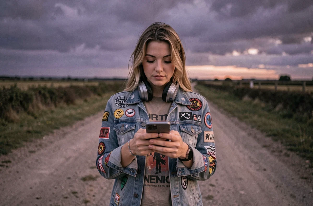 Jeune femme avec casque audio consultant les infos d'un teknival sur son téléphone à un carrefour rural au crépuscule