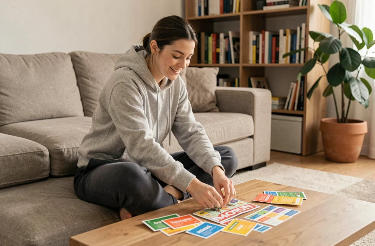 Jeune femme organisant ses pi&egrave;ces Monopoly et bons de r&eacute;compense gagn&eacute;s gr&acirc;ce &agrave; ses achats quotidiens