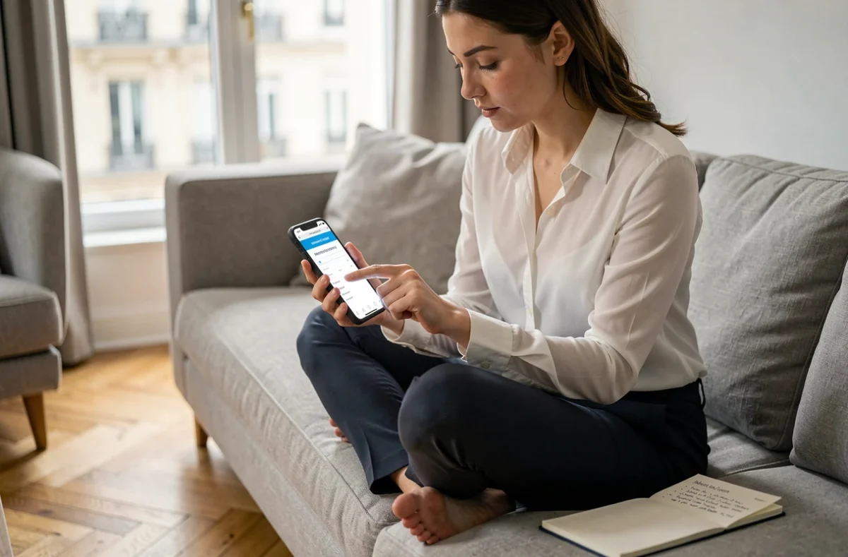 Jeune femme récupérant son identifiant de compte CGOS sur smartphone depuis son salon