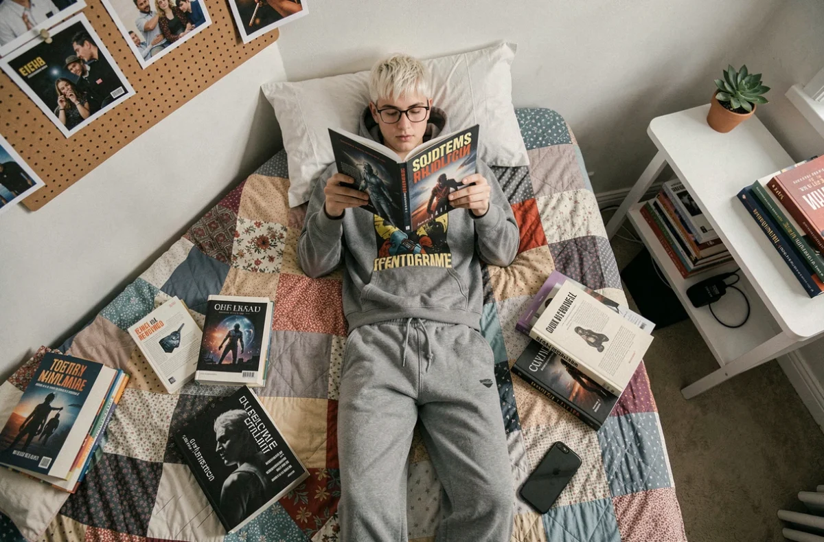 Jeune adulte lisant un roman d'Asimov allong&eacute; sur son lit dans une chambre d'&eacute;tudiant moderne et cr&eacute;ative