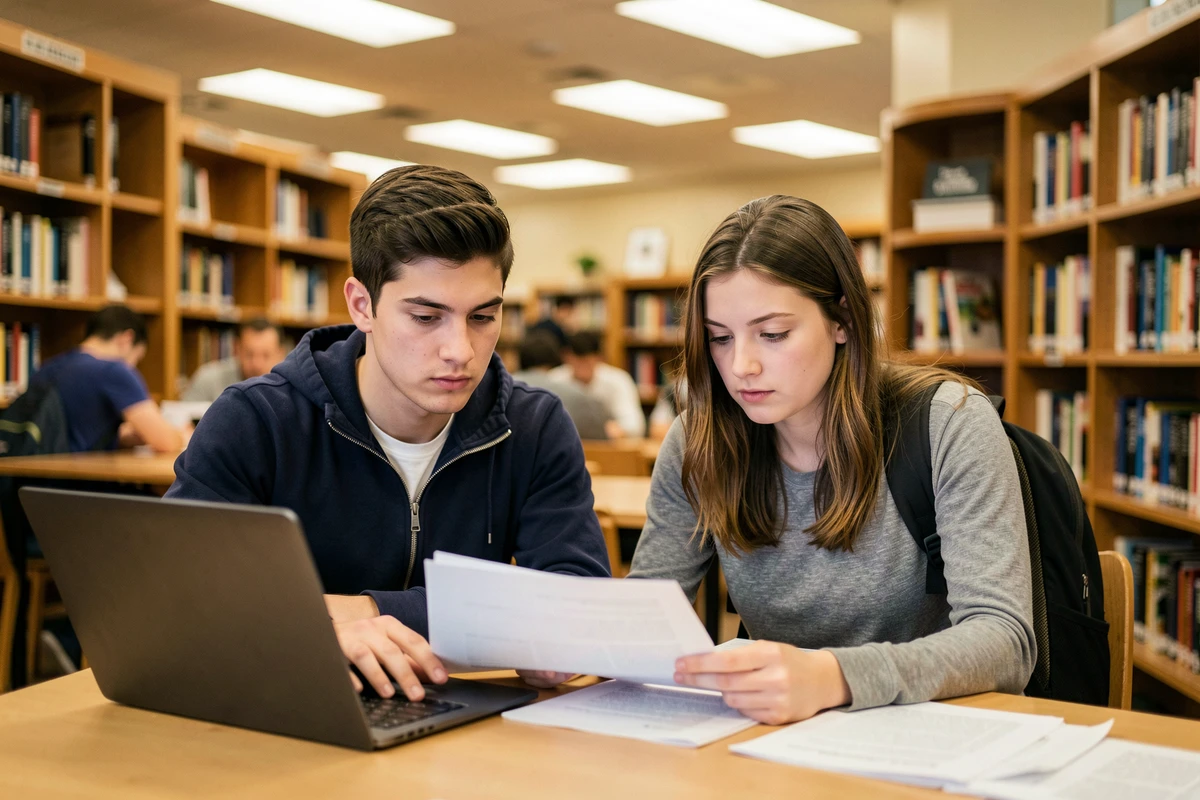 Deux jeunes adultes consultant des documents ensemble dans une biblioth&egrave;que publique, &eacute;voquant la sensibilisation &agrave; la confidentialit&eacute; des donn&eacute;es et &agrave; l'archivage en ligne pour les utilisateurs de forums