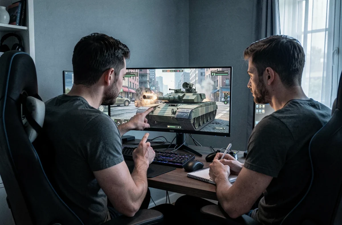 Deux joueurs analysant ensemble une partie de jeu de chars Leclerc sur des moniteurs gaming dans un salon, session de strat&eacute;gie collaborative