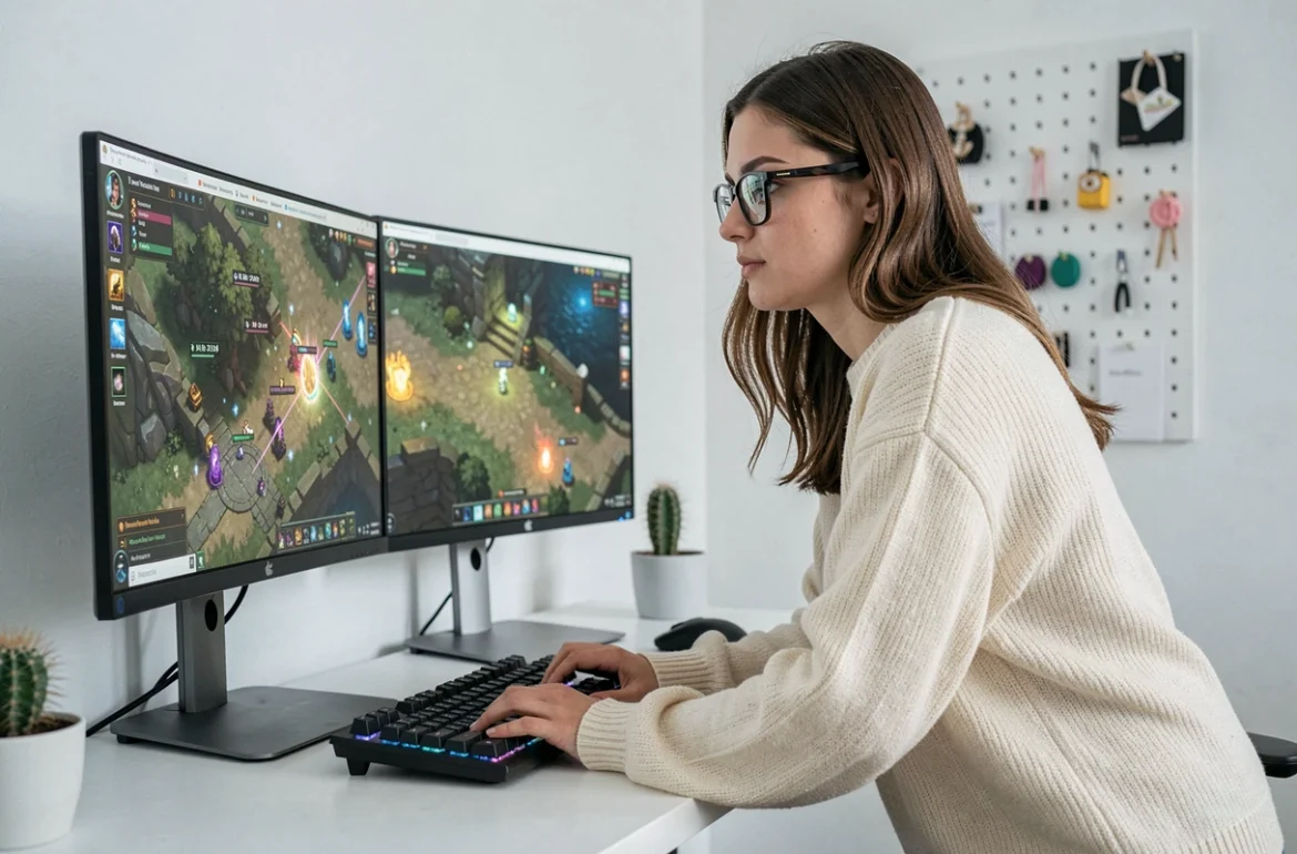Joueuse adulte analysant les coordonn&eacute;es de portails Dofus sur deux &eacute;crans en home office minimaliste