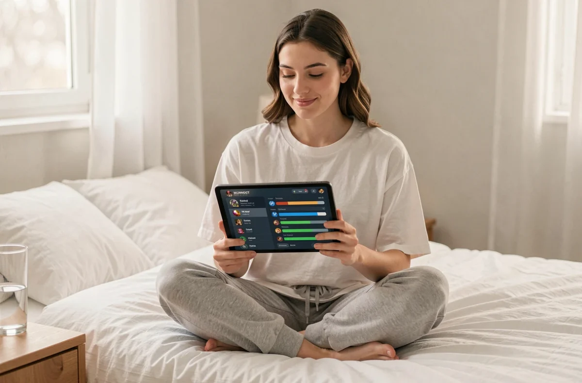 Joueuse adulte consultant ses succ&egrave;s Dofus sur une tablette depuis sa chambre dans une ambiance d&eacute;tendue