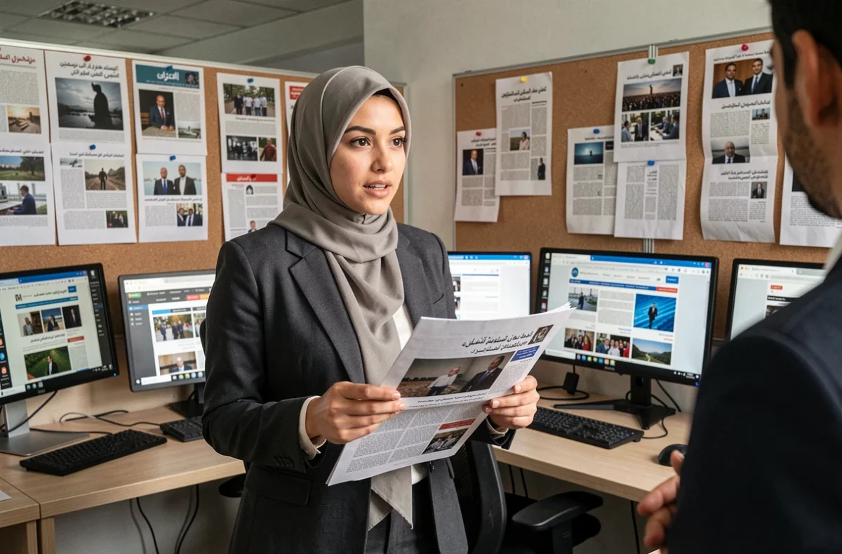 Journaliste algérienne dans une rédaction moderne discutant de la ligne éditoriale d'un journal arabophone, symbolisant la production de l'information en Algérie