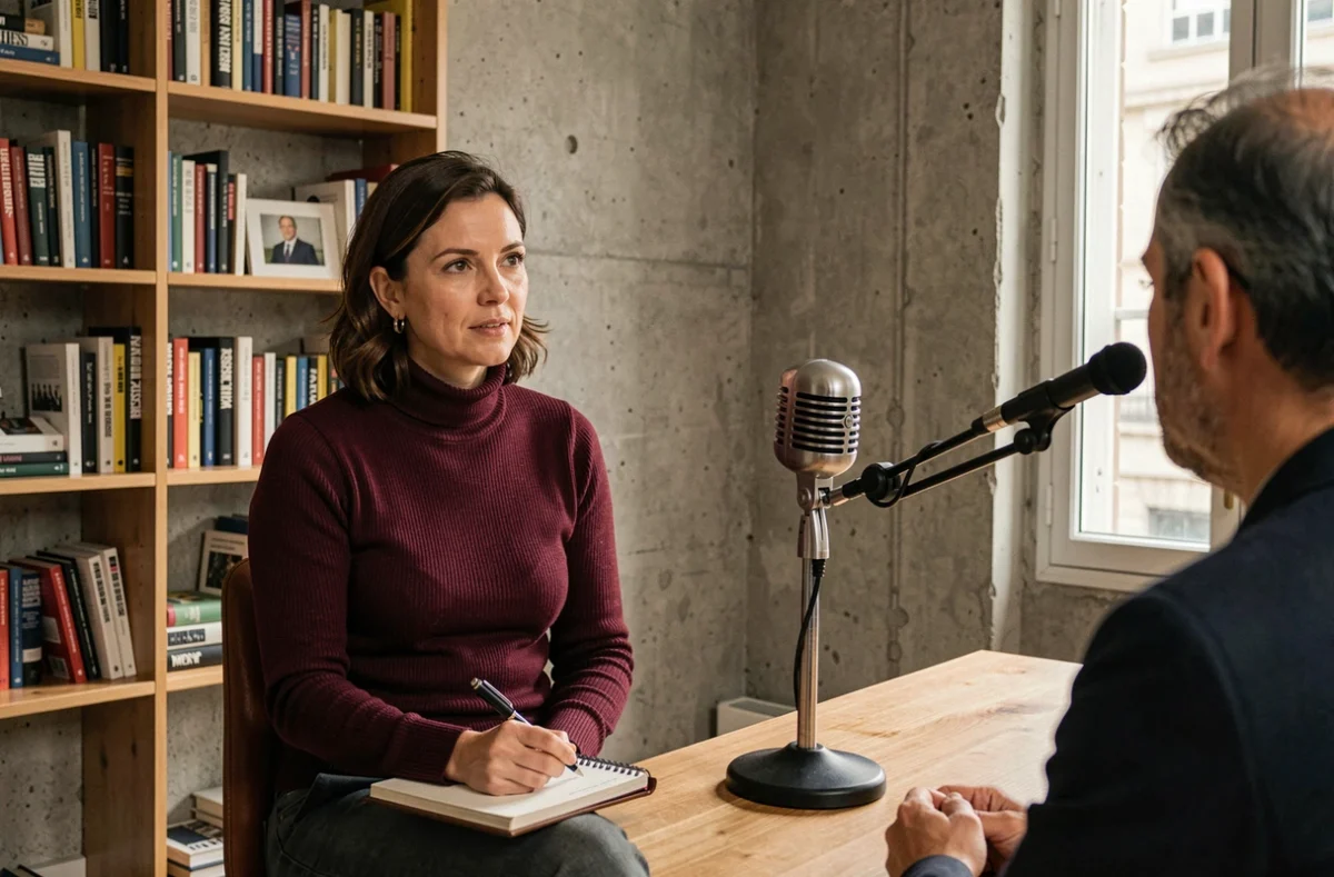 Journaliste en interview dans un studio parisien minimaliste, tenue bordeaux, ambiance &eacute;ditoriale et professionnelle