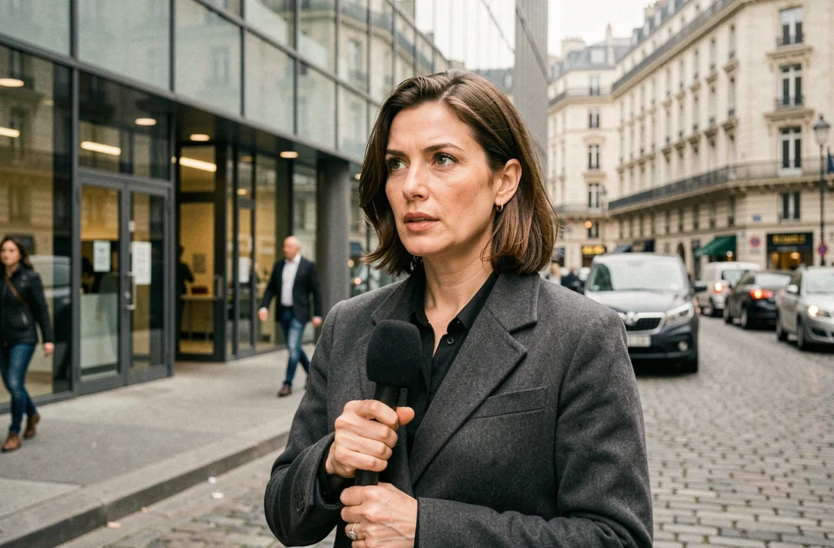 Journaliste fran&ccedil;aise en reportage ext&eacute;rieur devant un b&acirc;timent m&eacute;diatique parisien moderne, micro en main