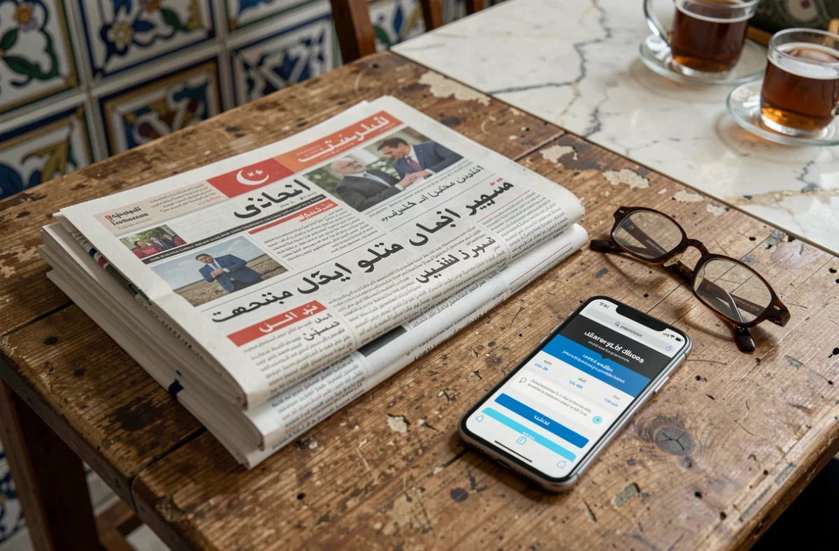 Journaux Elchorouk imprimés et abonnement numérique sur smartphone posés sur une table de café algérien