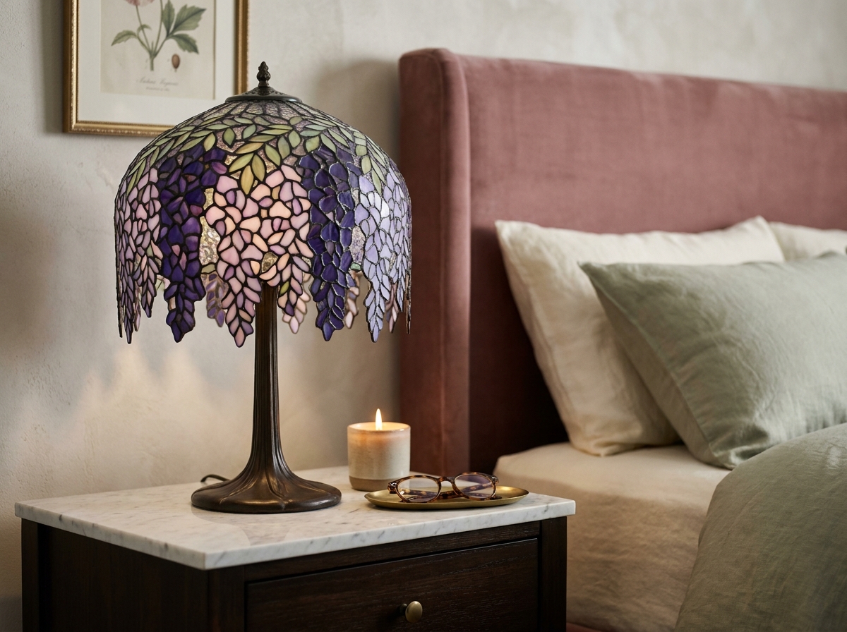 Lampe de chevet Tiffany motif glycine en vitrail violet et vert sur une table de nuit en marbre dans une chambre &eacute;l&eacute;gante