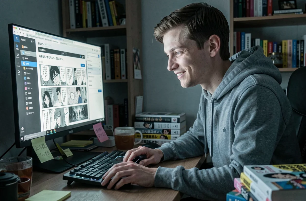 Jeune homme lisant un scan yaoi en ligne sur son ordinateur dans un bureau &agrave; domicile le soir