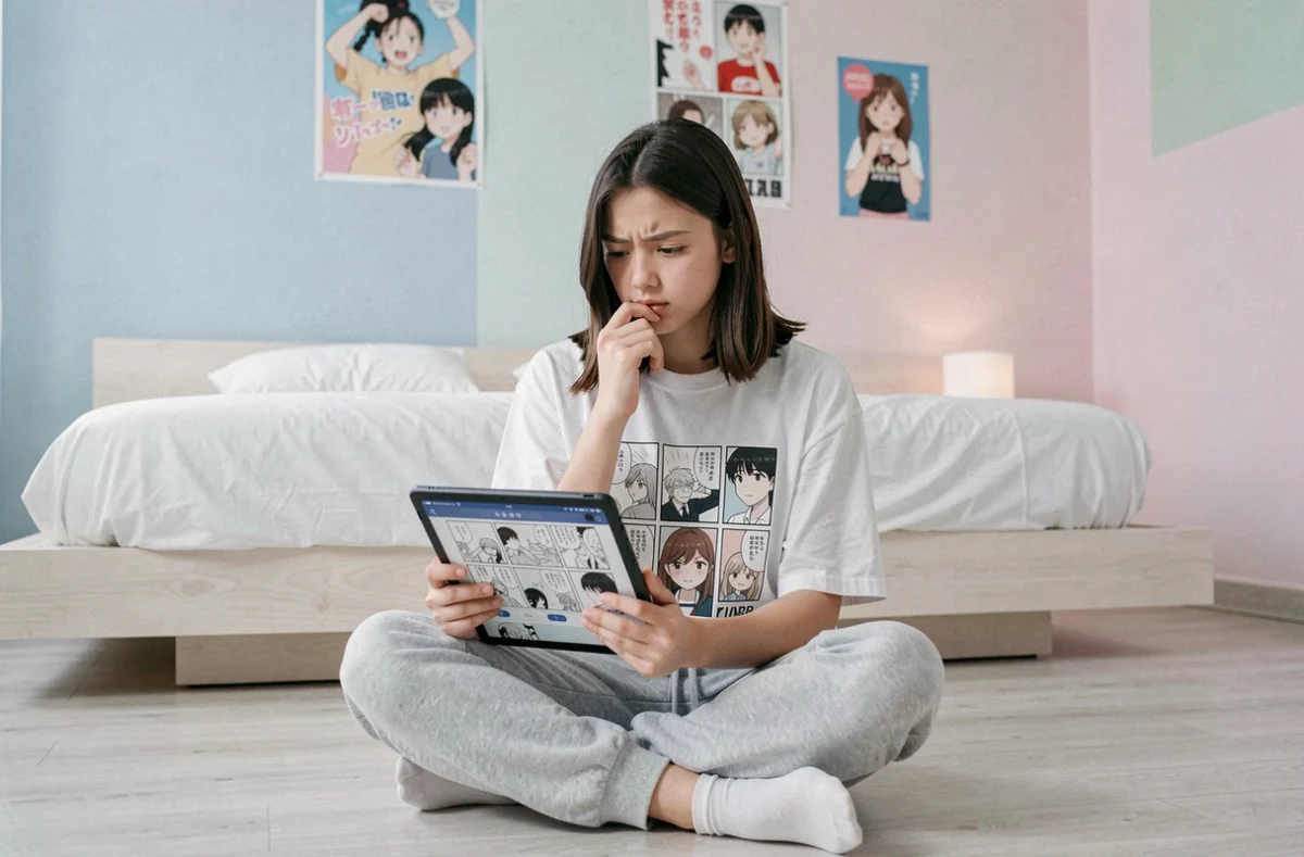 Adolescente lisant des scans de manga One Piece sur une tablette dans sa chambre