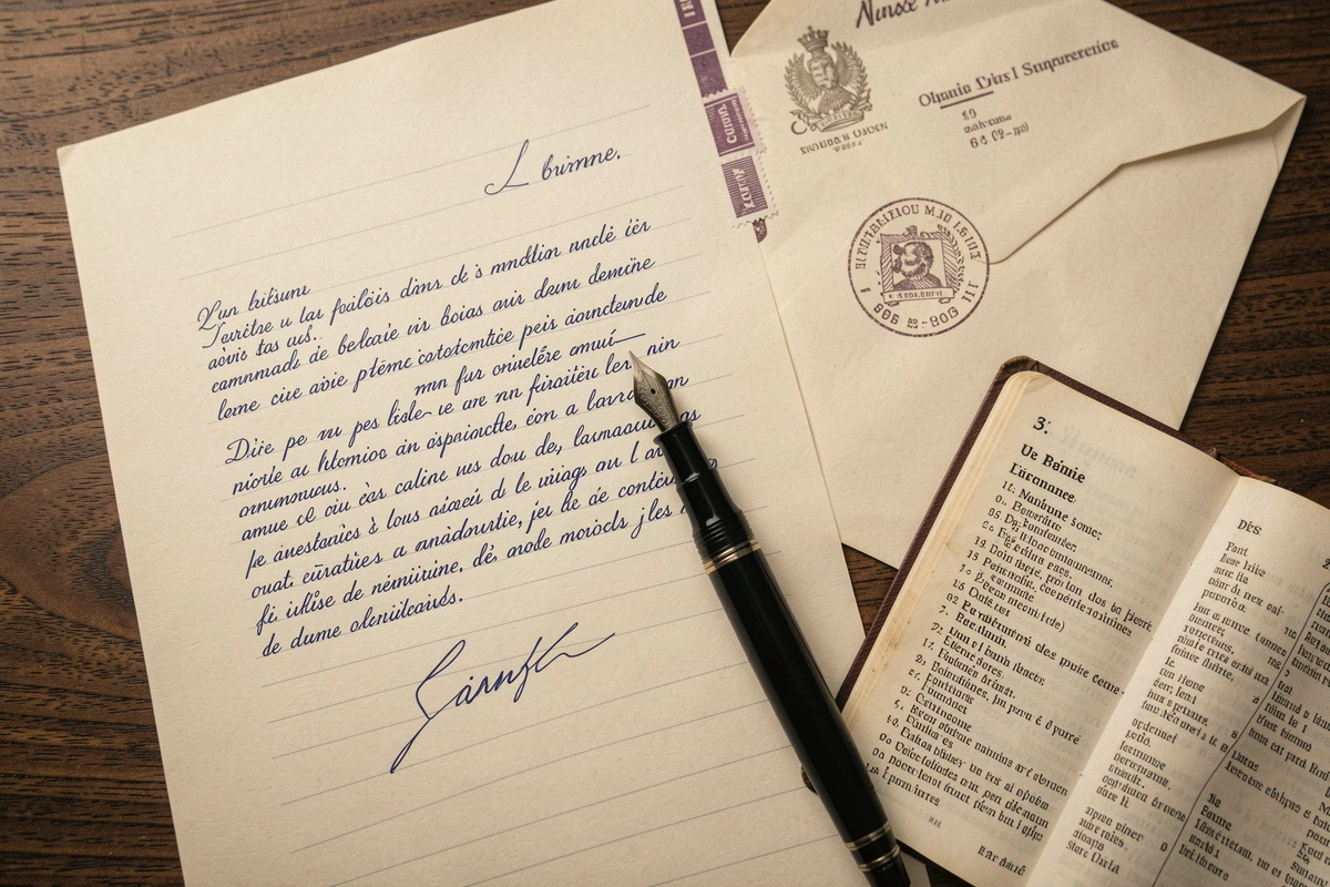 Lettre de politesse formelle au pr&eacute;fet pos&eacute;e sur un bureau avec stylo plume et dictionnaire de formules administratives