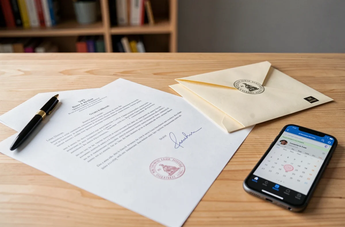 Lettre recommand&eacute;e de relance pour paiement en retard pos&eacute;e sur un bureau avec enveloppe timbr&eacute;e et stylo