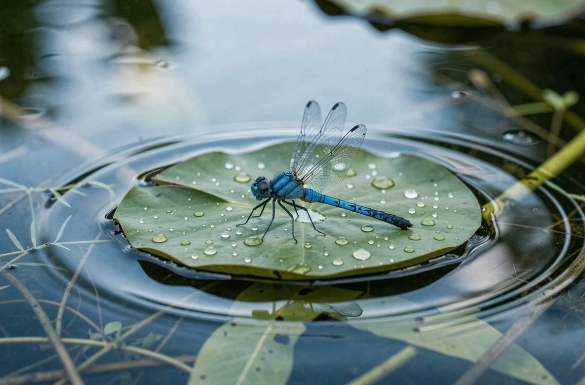 Libellule bleue pos&eacute;e sur un n&eacute;nuphar au milieu d'un bassin de jardin, reflets aquatiques et symbolisme de transformation int&eacute;rieure