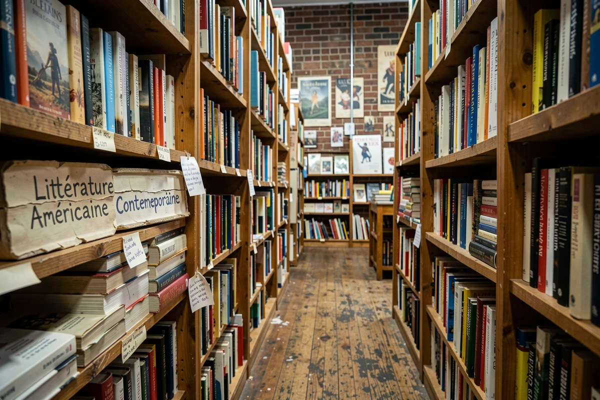 All&eacute;e d'une librairie ind&eacute;pendante avec rayonnages de litt&eacute;rature am&eacute;ricaine contemporaine en lien avec l'&oelig;uvre de Jerry Stahl