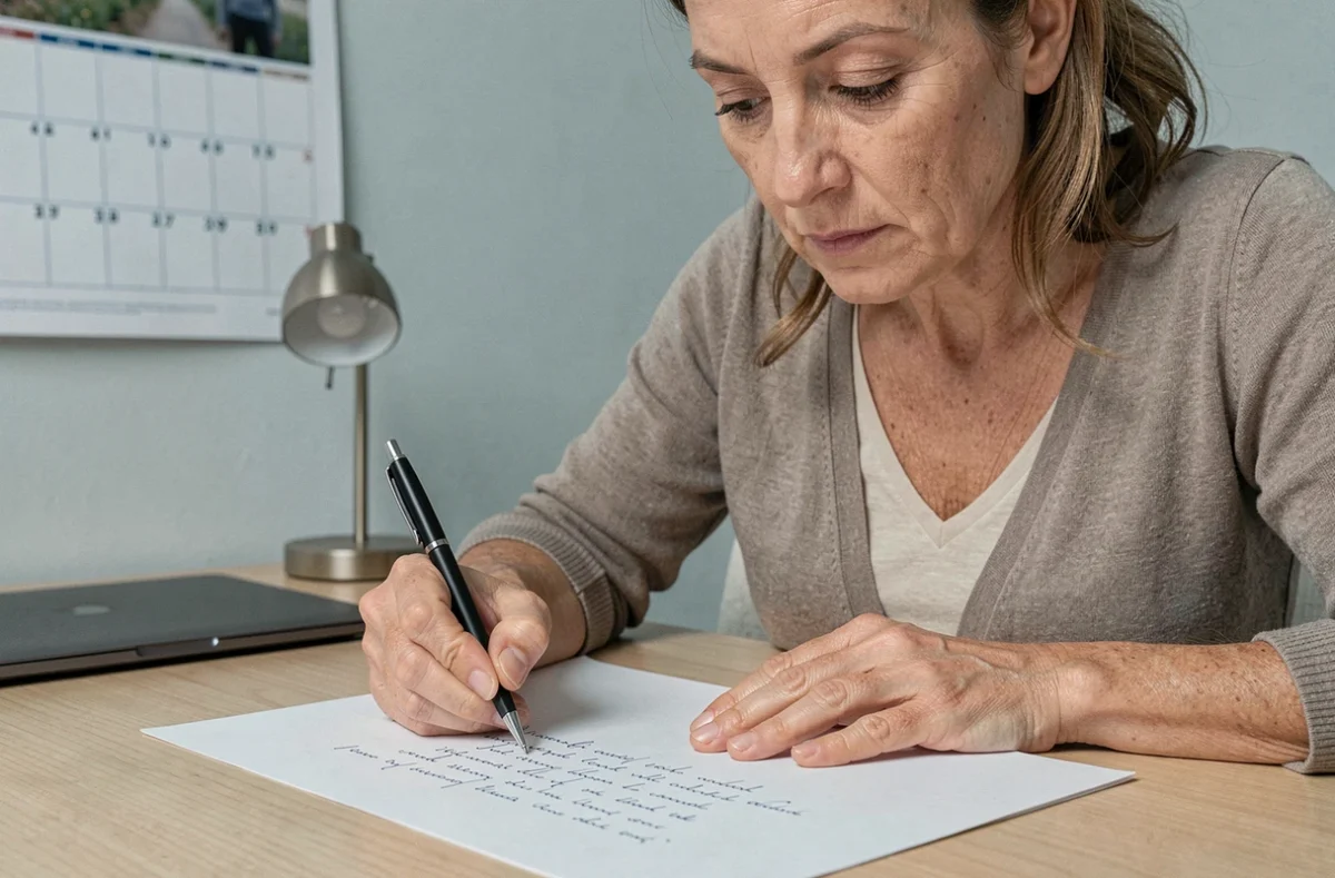 Femme r&eacute;digeant soigneusement des limites par &eacute;crit sur un bureau ordonn&eacute;, illustrant les limites pos&eacute;es par &eacute;crit