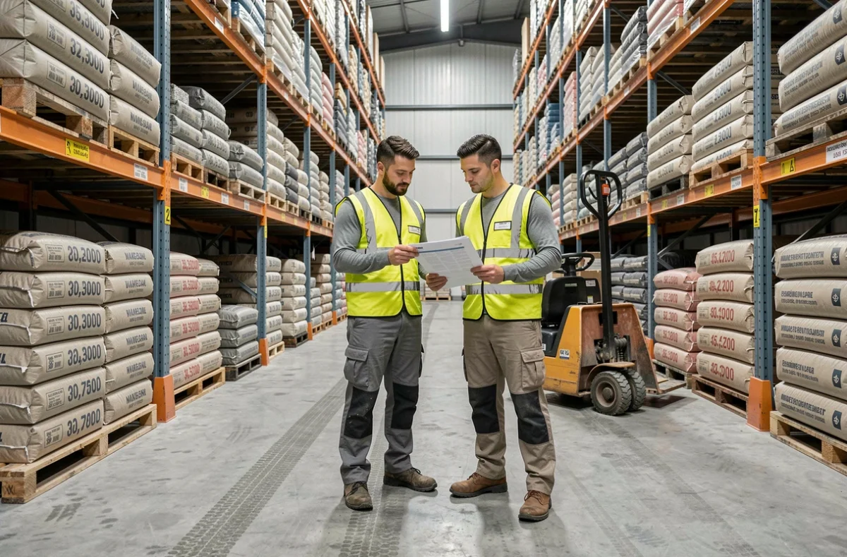 Deux magasiniers vérifiant l'inventaire de matériaux en volume m3 dans un entrepôt de stockage de matériaux de construction