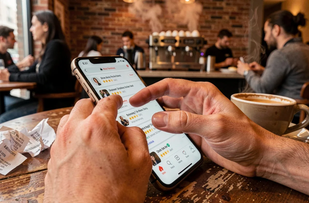 Gros plan sur des mains consultant des avis utilisateurs sur un smartphone dans un caf&eacute;, &eacute;voquant la recherche de fiabilit&eacute; et de confiance envers un service en ligne