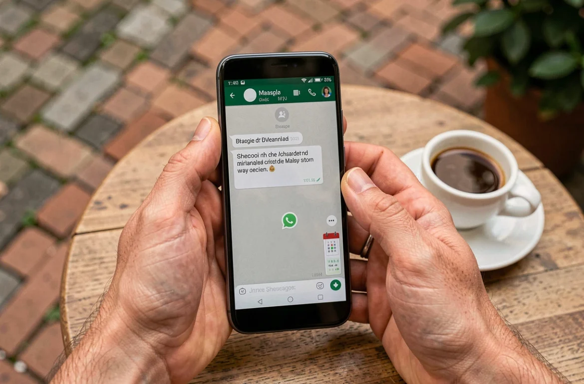 Mains tenant un smartphone affichant un message WhatsApp programmé dans un café en terrasse