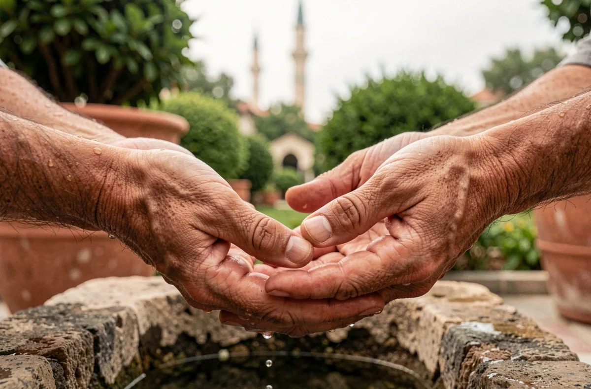Gros plan de mains d'homme ouvertes en supplication apr&egrave;s le woudou, gouttes d'eau visibles, contexte de mosqu&eacute;e en arri&egrave;re-plan flou