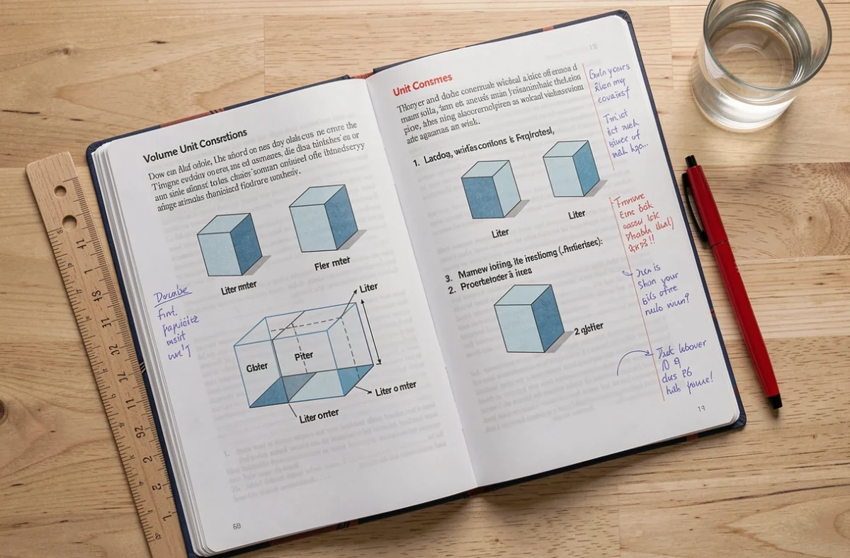 Manuel de mathématiques collège ouvert sur une leçon de conversion mètre cube en litre avec règle et stylo sur une table en bois