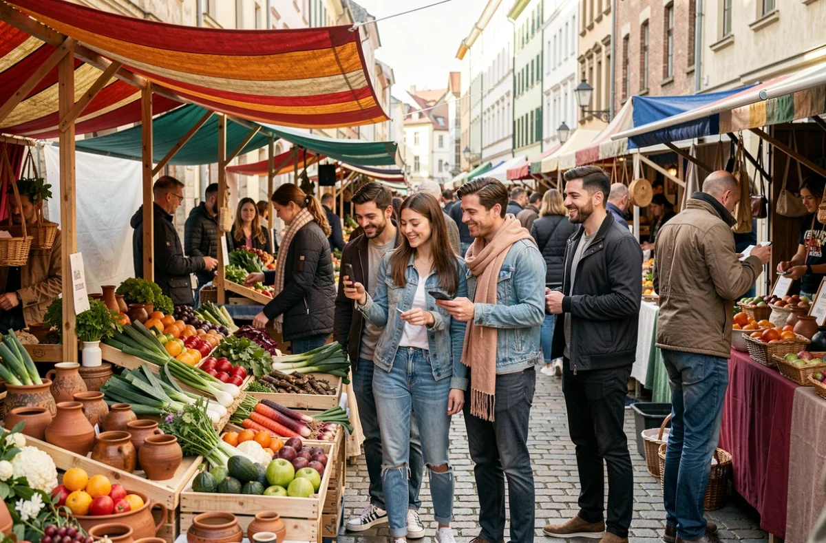 Groupe d'amis explorant un marché en plein air dans un quartier de ville lors d'un jour férié en mai