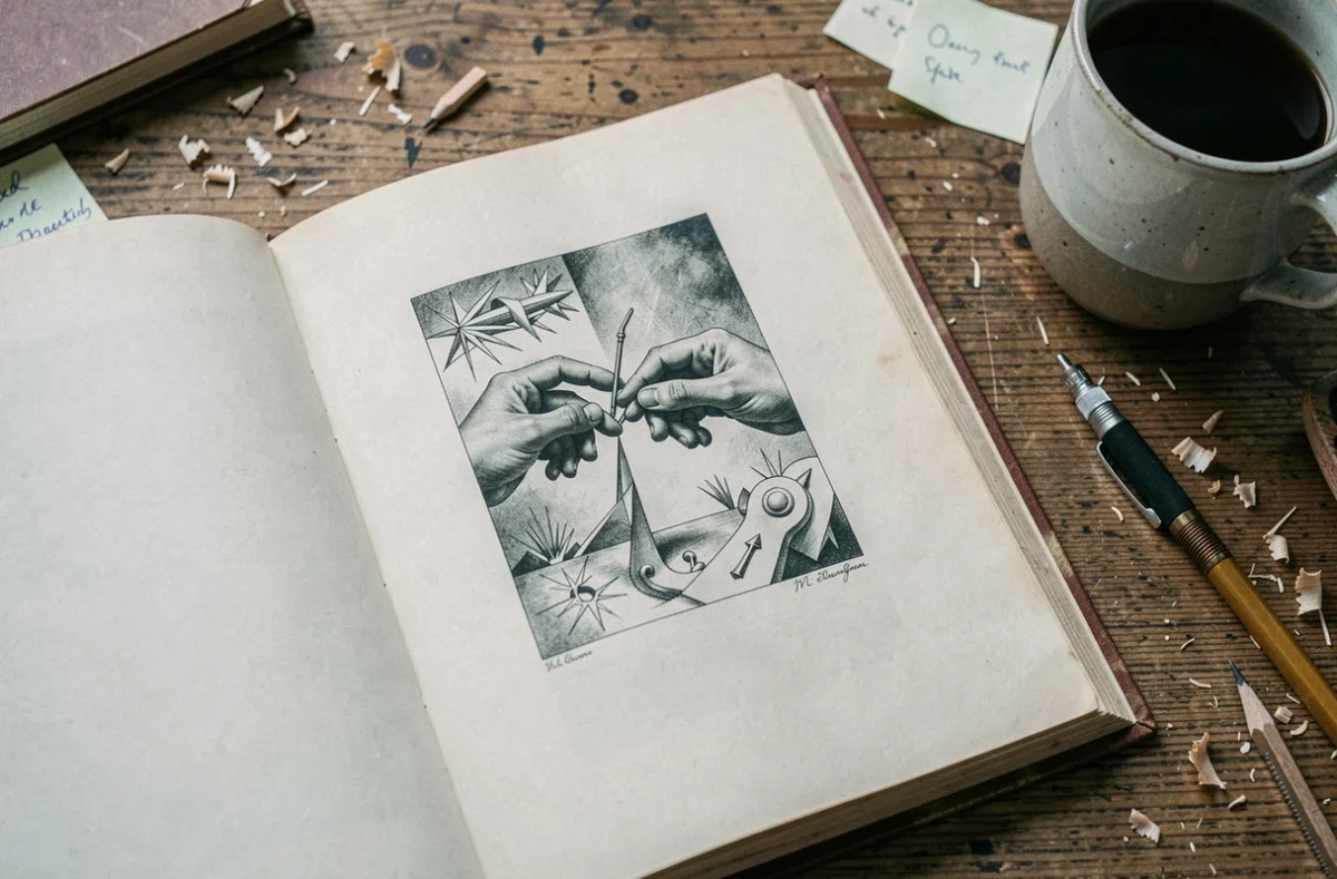 D&eacute;tail d'un monographe vintage ouvert sur l'&oelig;uvre Drawing Hands d'Escher pos&eacute; sur un bureau en bois