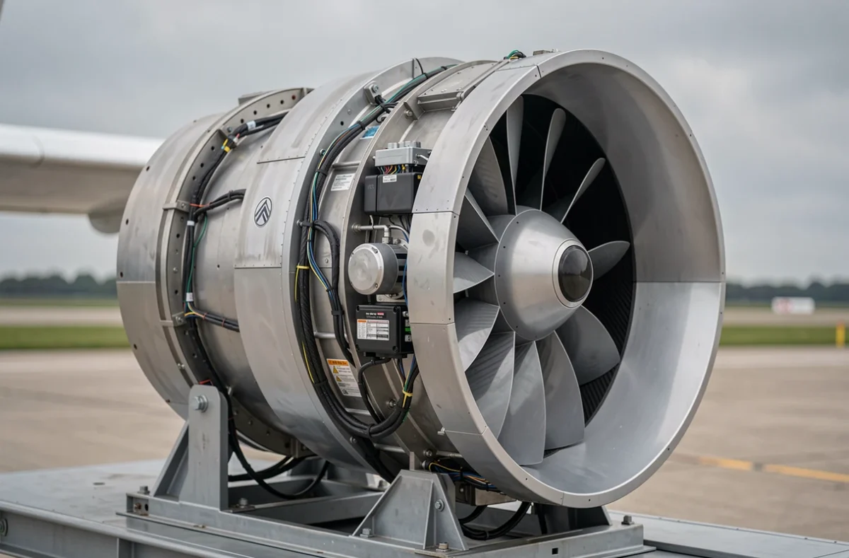 Moteur d'avion hybride de nouvelle génération sur plateforme d'essai extérieure avec détails techniques visibles