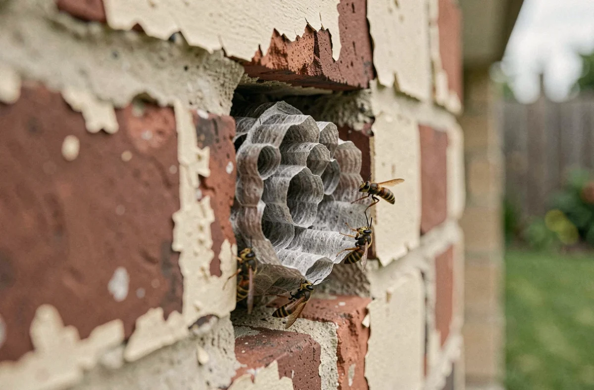 Nid de guêpes actif visible à l'intérieur d'une cavité dans un mur de brique enduit