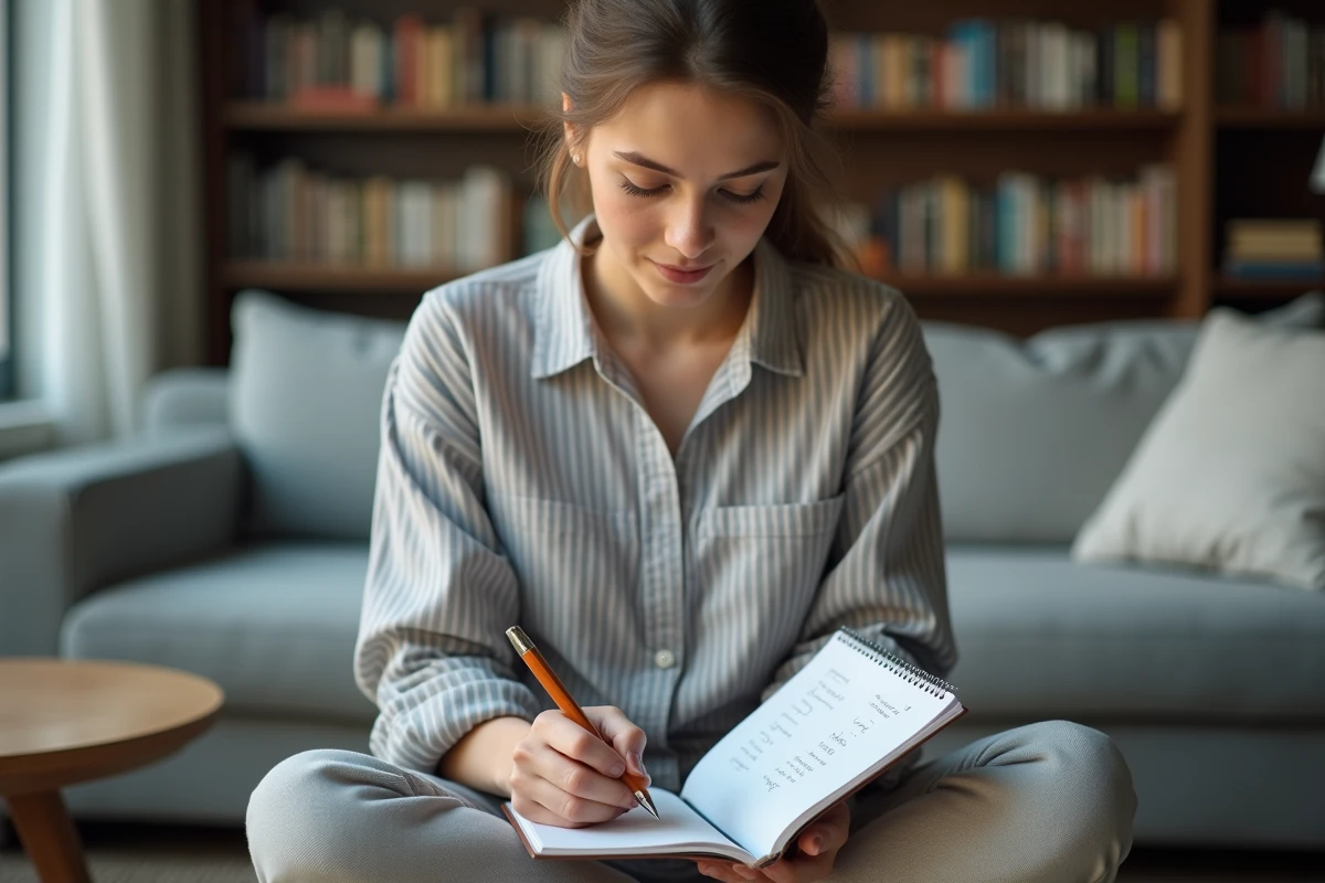 Jeune femme prenant des notes sur un carnet pour mémoriser les mots valides au scrabble