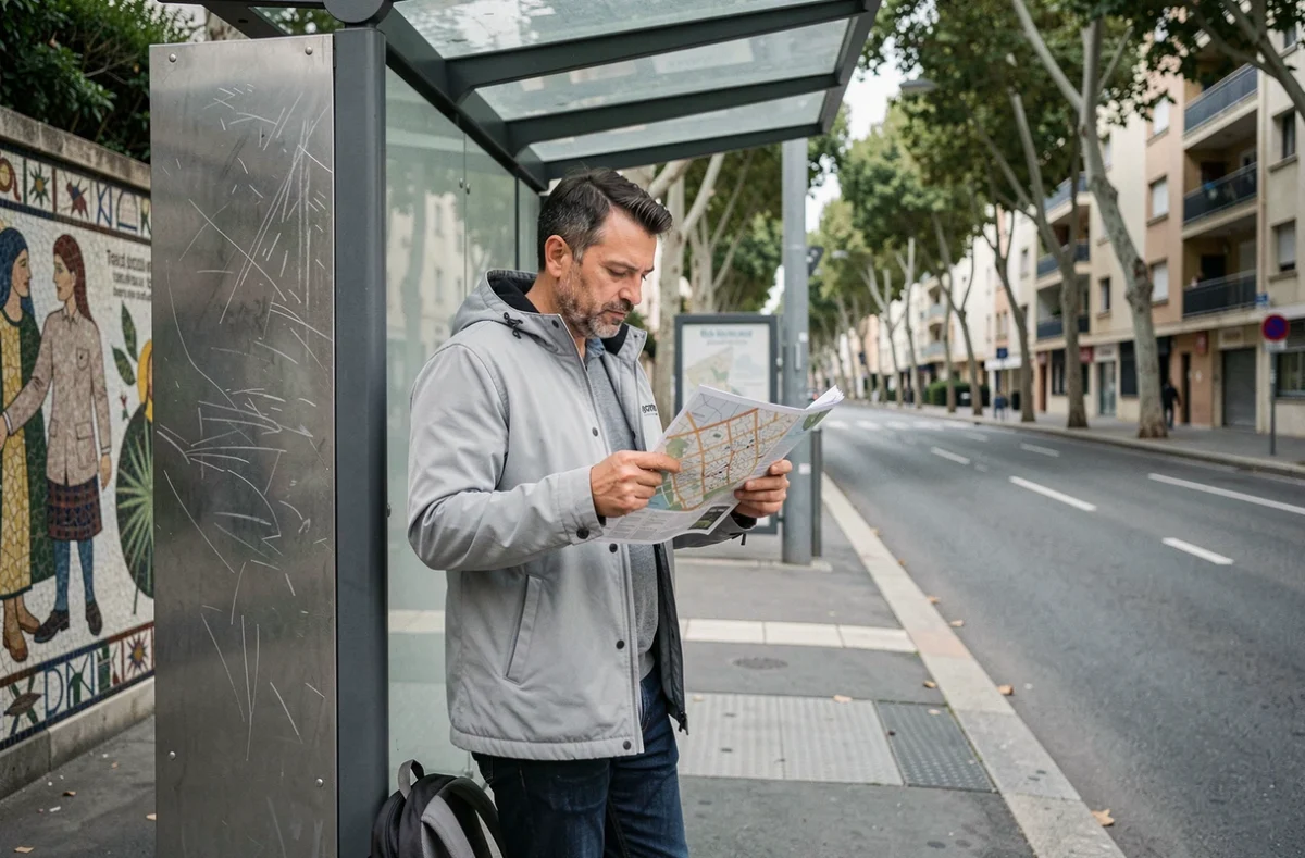 Nouvel arrivant consultant un plan de quartier &agrave; un arr&ecirc;t de tram dans les quartiers nord de Marseille