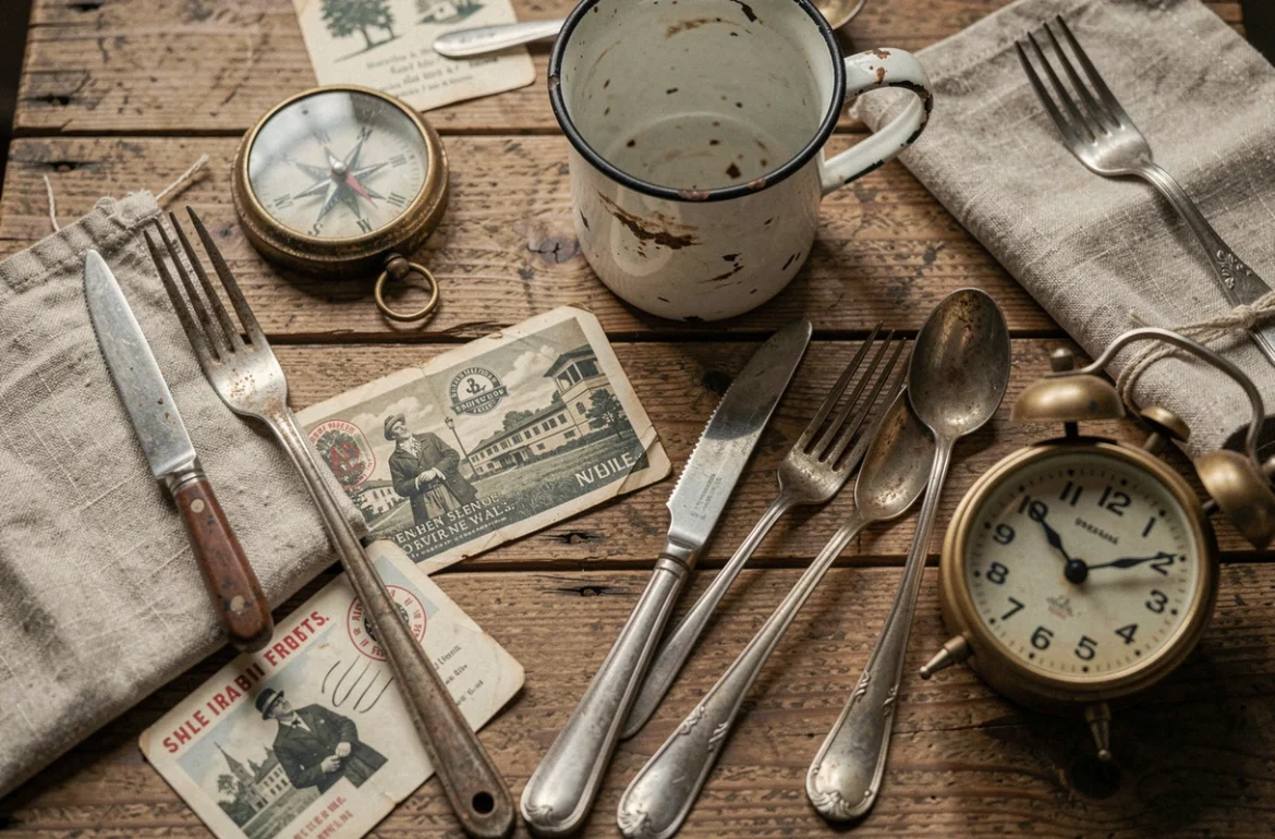 Objets vintage et curiosit&eacute;s &eacute;tal&eacute;s sur une table de vide-grenier dans le d&eacute;partement 59