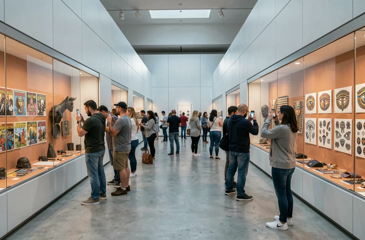 Salle d'exposition mus&eacute;ale moderne pr&eacute;sentant des objets de la culture pop illustrant le symbole de l'&oelig;il &eacute;gyptien, avec des visiteurs adultes qui observent les vitrines
