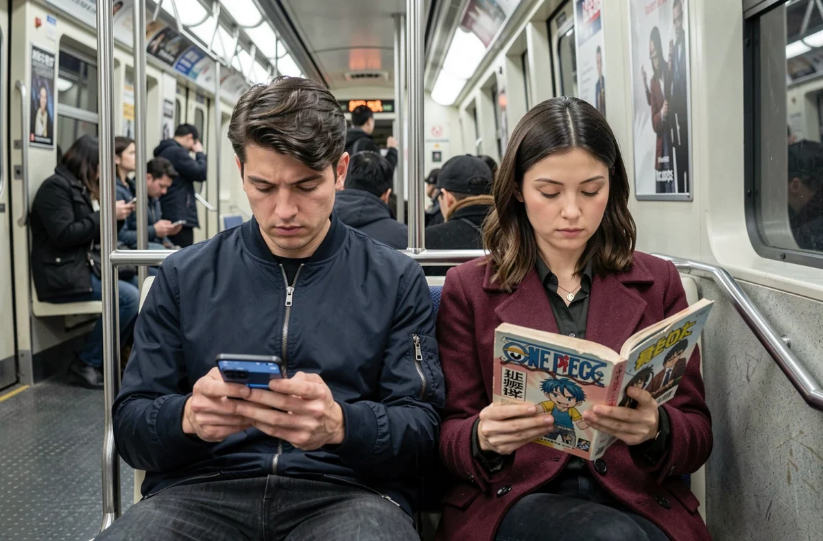 Deux adultes dans le m&eacute;tro lisant One Piece sur smartphone et en volume physique c&ocirc;te &agrave; c&ocirc;te