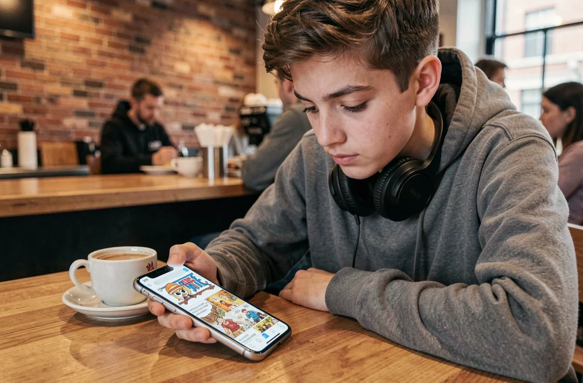 Adolescent consultant une application de lecture de scan One Piece sur smartphone dans un caf&eacute; urbain