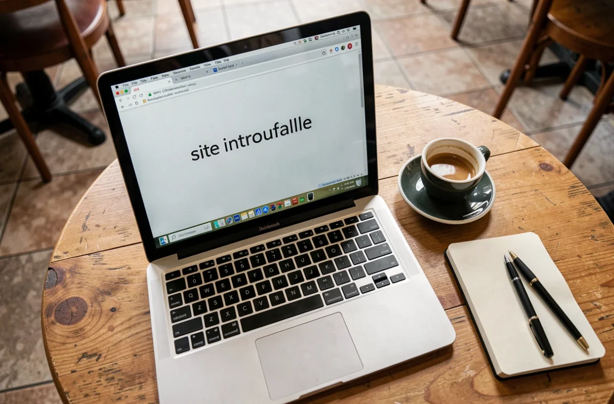 Ordinateur portable affichant une erreur 404 site introuvable pos&eacute; sur une table de caf&eacute; avec un expresso