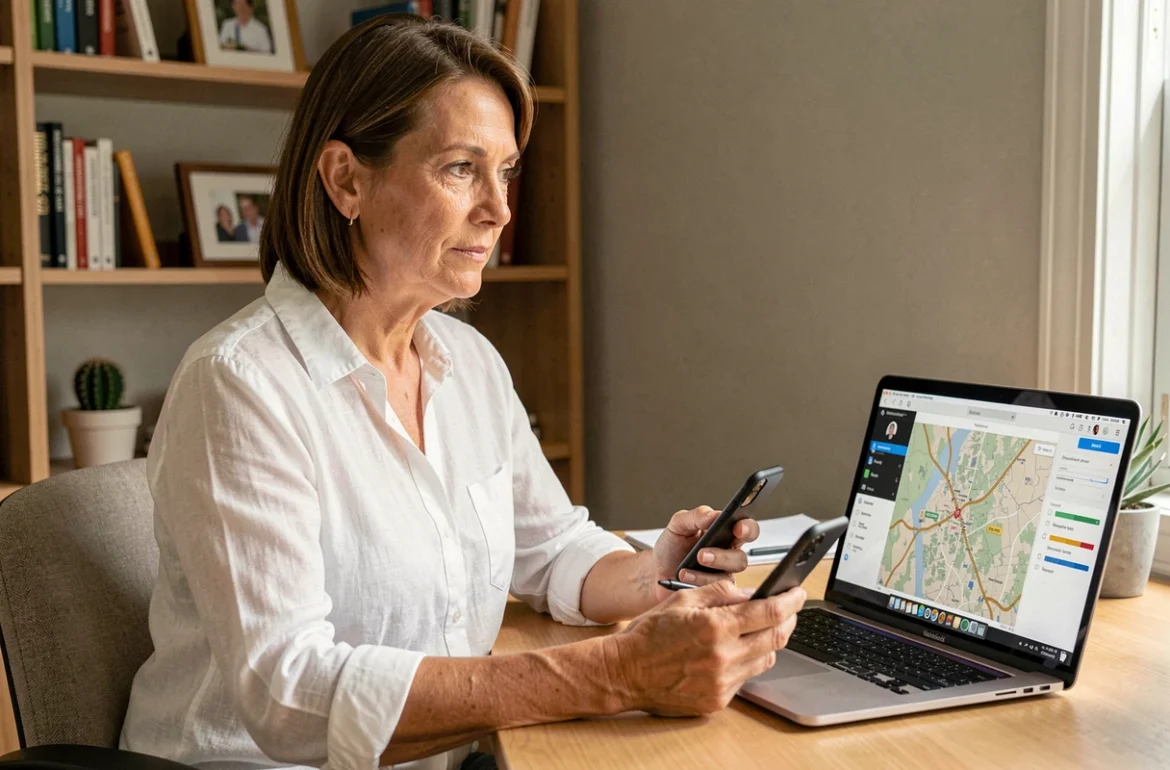 Femme utilisant simultan&eacute;ment un MacBook et un iPhone pour g&eacute;rer la localisation familiale via iCloud Find My depuis son bureau &agrave; domicile