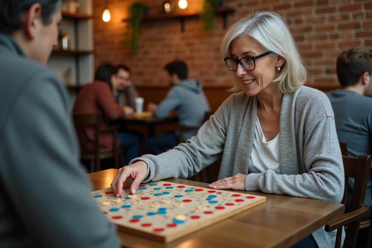 Deux joueurs de scrabble réfléchissant à leurs mots autour d'un plateau de jeu dans un café